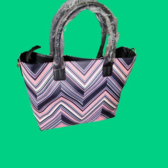 NWT Trina Turk Tote Colorful Designer Chic Style Chevon Stripped Detachable Stra - Picture 4 of 4
